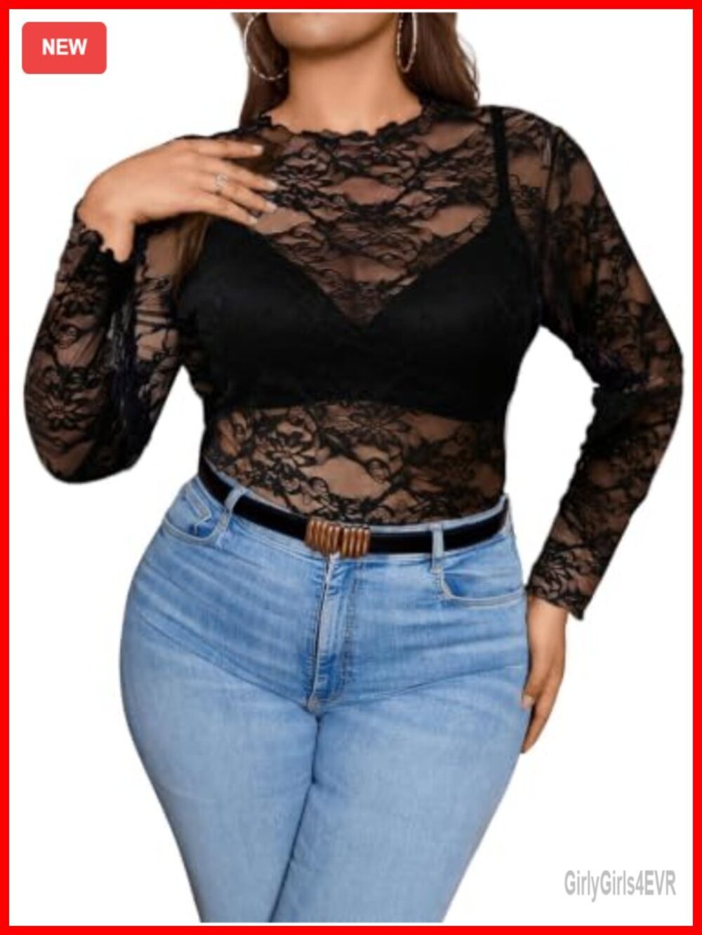 Plus Size Lace Crop Top Long Sleeve Sheer Mesh Blouse